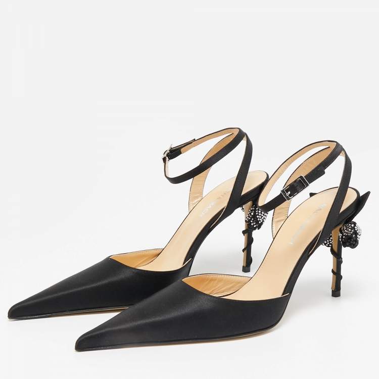 Pre Owned Mach & Mach Black Satin Wonder Tulip Pointed Toe Ankle Strap Sandals Size 38