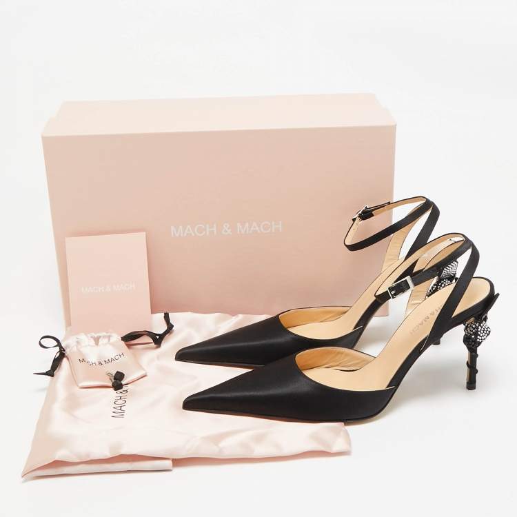 Pre Owned Mach & Mach Black Satin Wonder Tulip Pointed Toe Ankle Strap Sandals Size 38