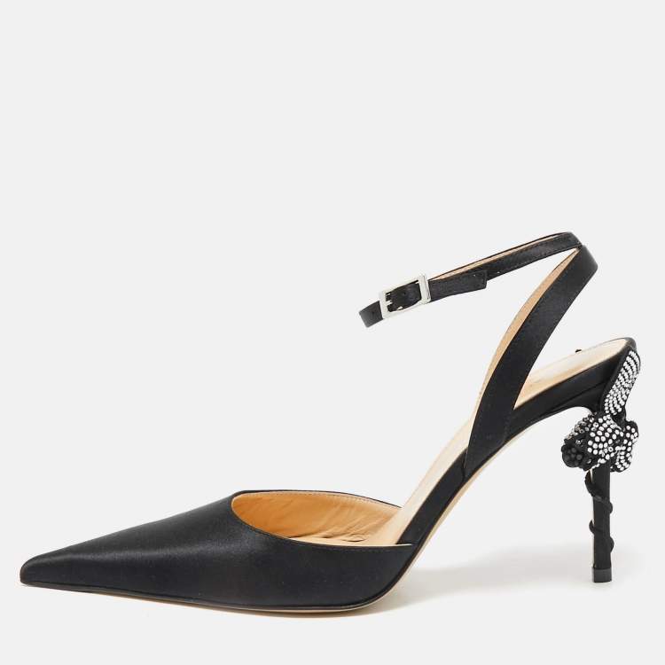 Pre Owned Mach & Mach Black Satin Wonder Tulip Pointed Toe Ankle Strap Sandals Size 38