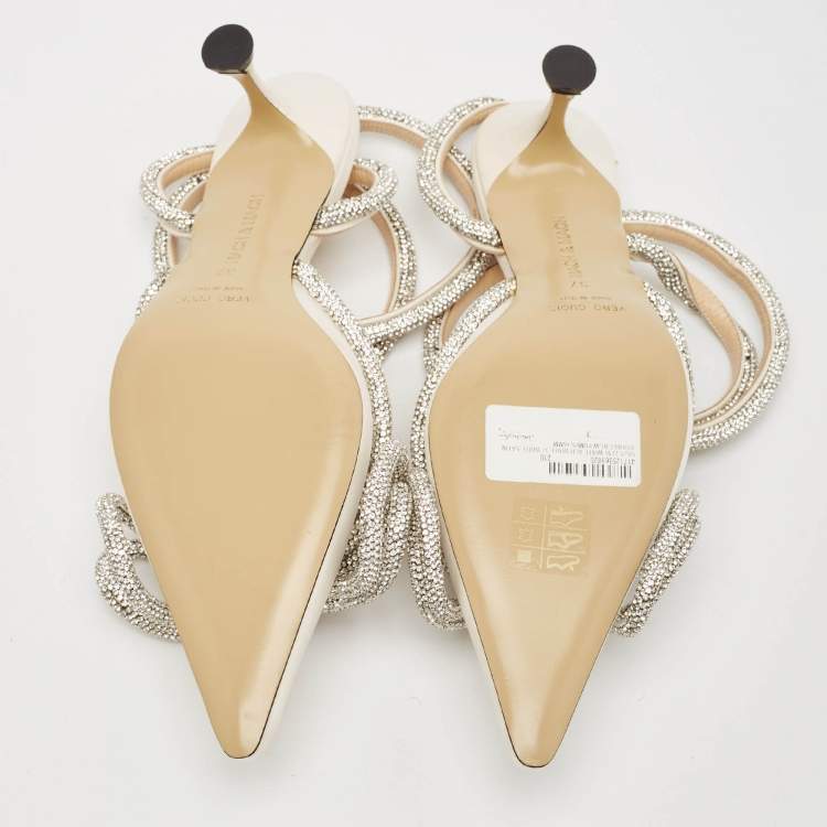 Pre Owned Mach & Mach White Satin Crystal Embellished Double Bow Pumps Size 37
