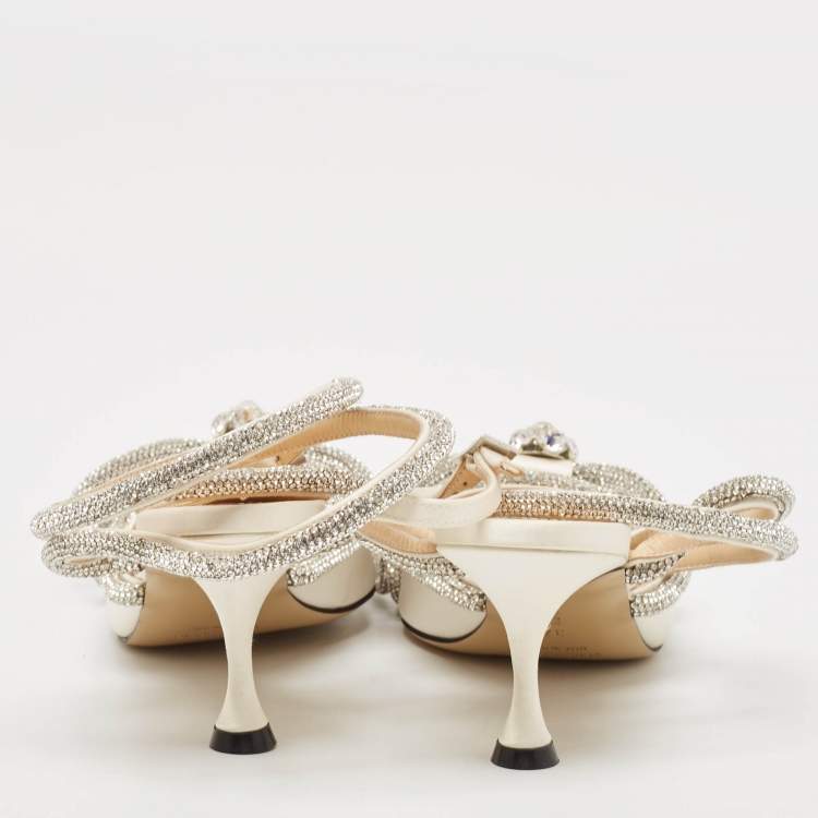 Pre Owned Mach & Mach White Satin Crystal Embellished Double Bow Pumps Size 37