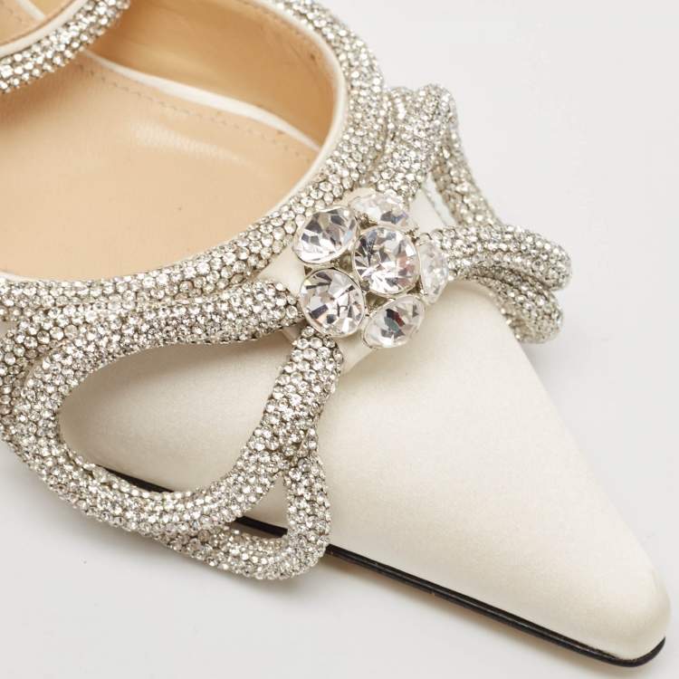 Pre Owned Mach & Mach White Satin Crystal Embellished Double Bow Pumps Size 37