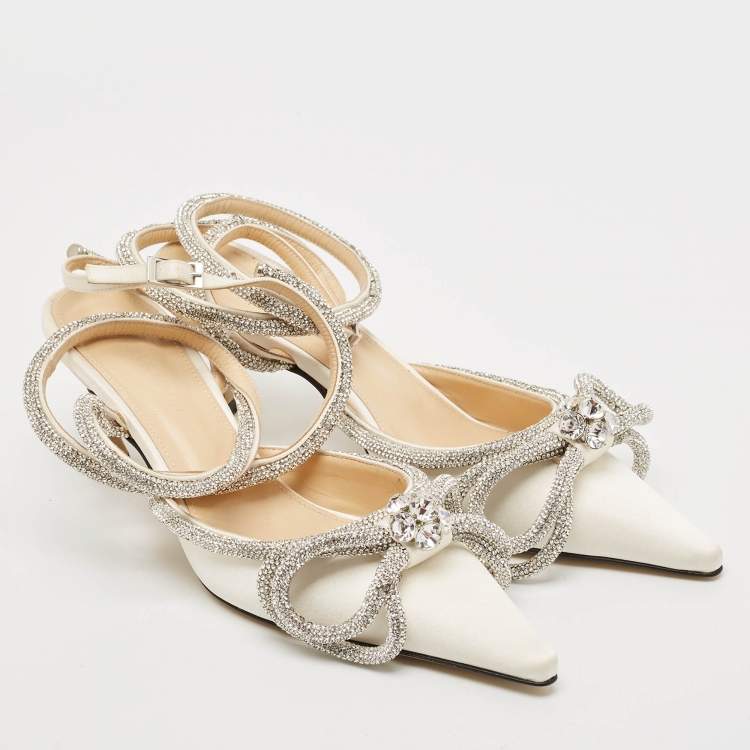 Pre Owned Mach & Mach White Satin Crystal Embellished Double Bow Pumps Size 37