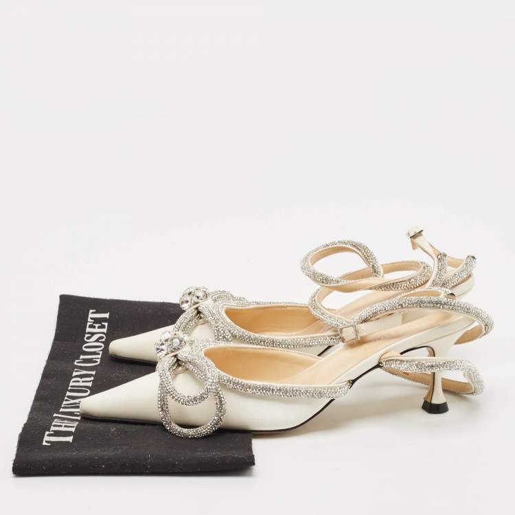 Pre Owned Mach & Mach White Satin Crystal Embellished Double Bow Pumps Size 37