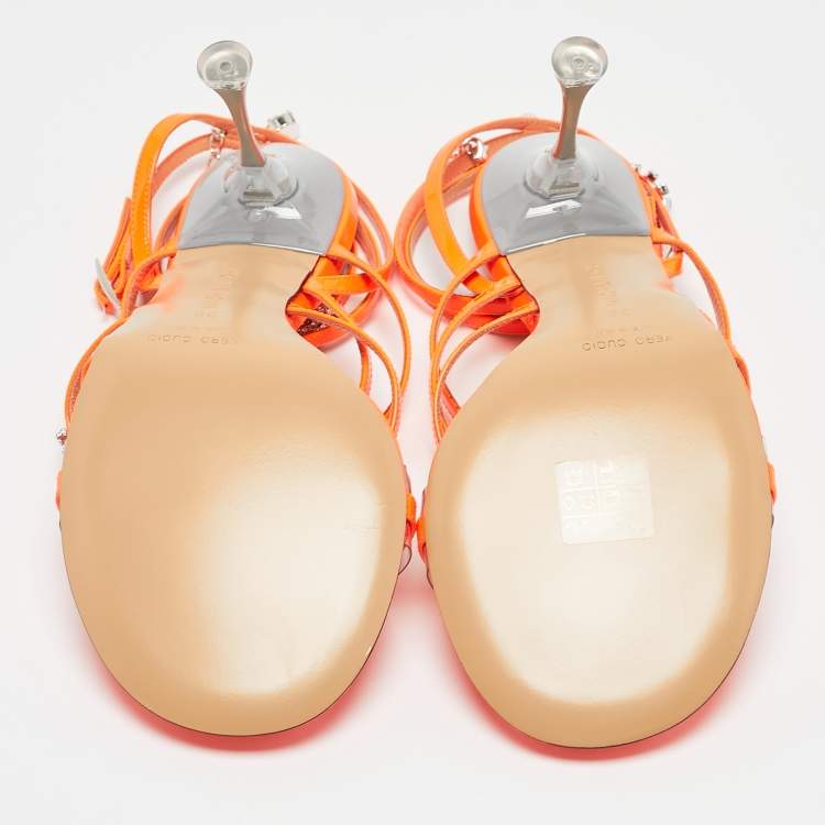 Pre Owned Mach & Mach Neon Orange Patent Leather Crystal Bow Camille Sandals Size 38
