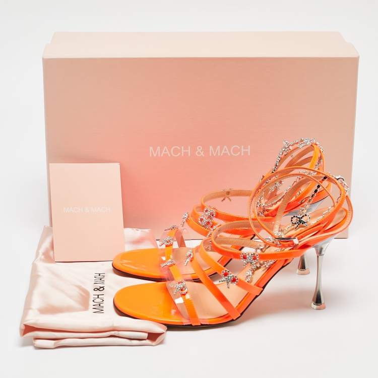 Pre Owned Mach & Mach Neon Orange Patent Leather Crystal Bow Camille Sandals Size 38