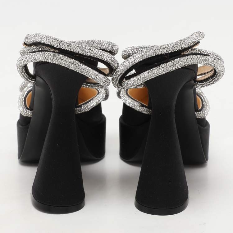 Pre Owned Mach & Mach Black Satin Double Bow Crystal Embellished Platform Pumps Size 39