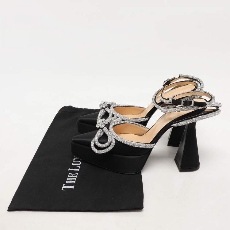 Pre Owned Mach & Mach Black Satin Double Bow Crystal Embellished Platform Pumps Size 39