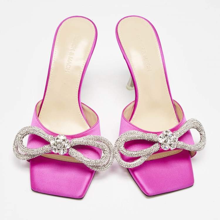 Pre Owned Mach & Mach Pink Satin Double Bow Slide Sandals Size 38.5