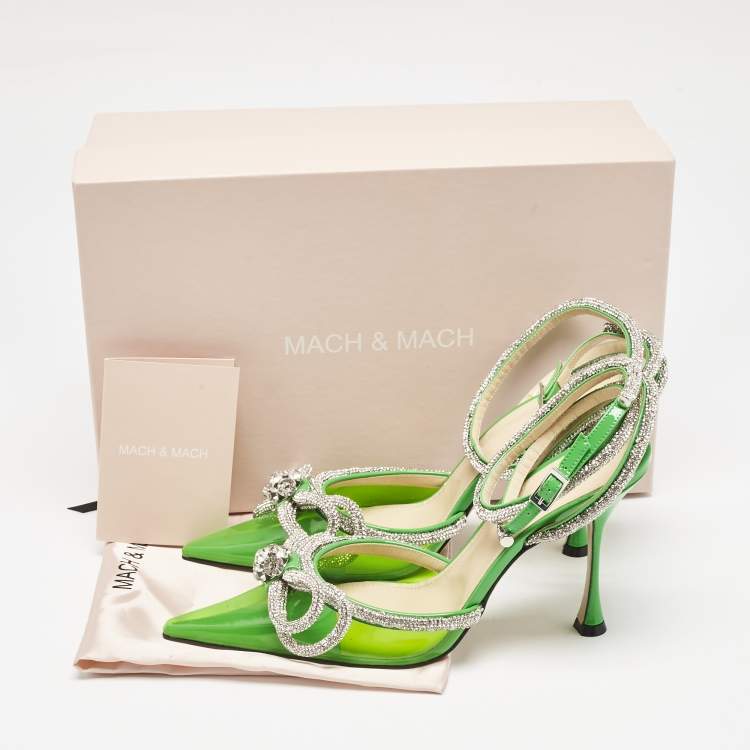 Pre Owned Mach & Mach Green PVC Crystal Embellished Double Bow Pumps Size 39
