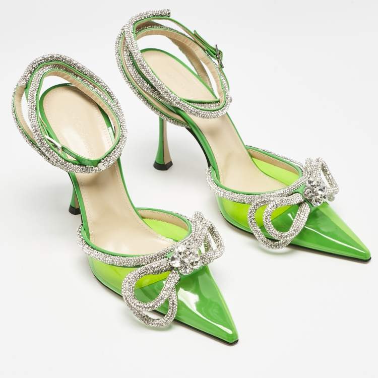 Pre Owned Mach & Mach Green PVC Crystal Embellished Double Bow Pumps Size 39