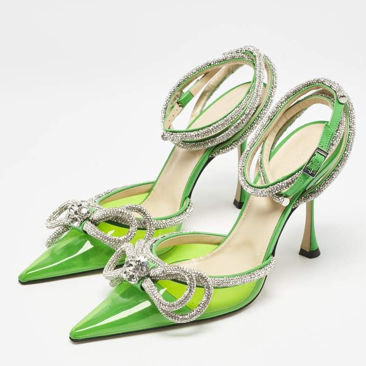 Pre Owned Mach & Mach Green PVC Crystal Embellished Double Bow Pumps Size 39