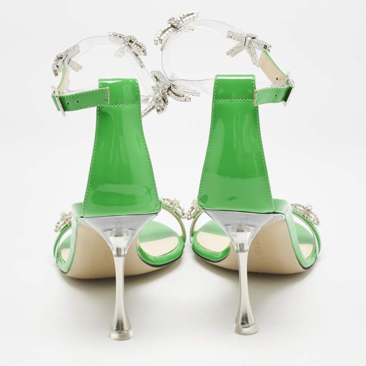 Pre Owned Mach & Mach Green Patent Leather and PVC Floating Crystal Bow Sandals Size 38.5