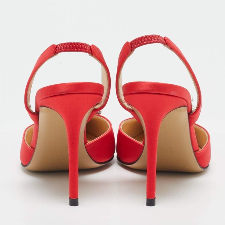 Pre Owned Mach & Mach Red Satin Triple Heart Slingback Pumps Size 37.5