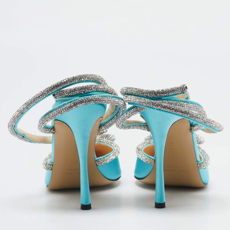 Pre Owned Mach & Mach Blue Satin Crystal Flower Pumps Size 39.5