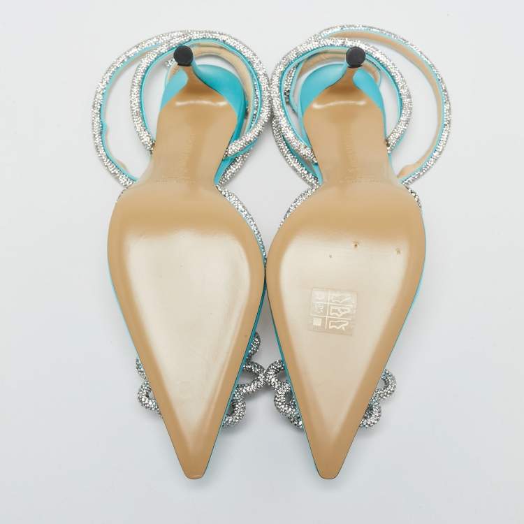 Pre Owned Mach & Mach Blue Satin Crystal Flower Pumps Size 39.5