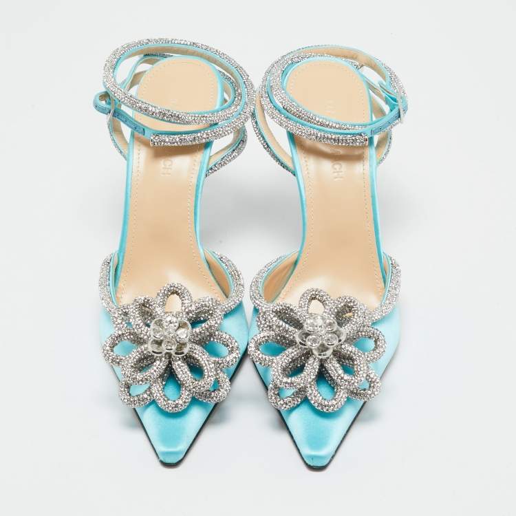 Pre Owned Mach & Mach Blue Satin Crystal Flower Pumps Size 39.5