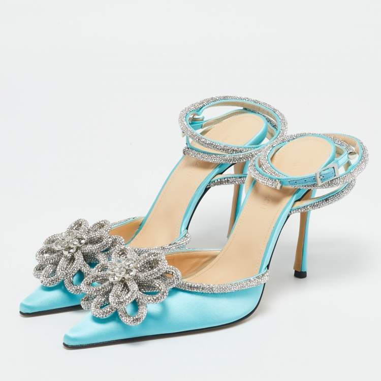 Pre Owned Mach & Mach Blue Satin Crystal Flower Pumps Size 39.5