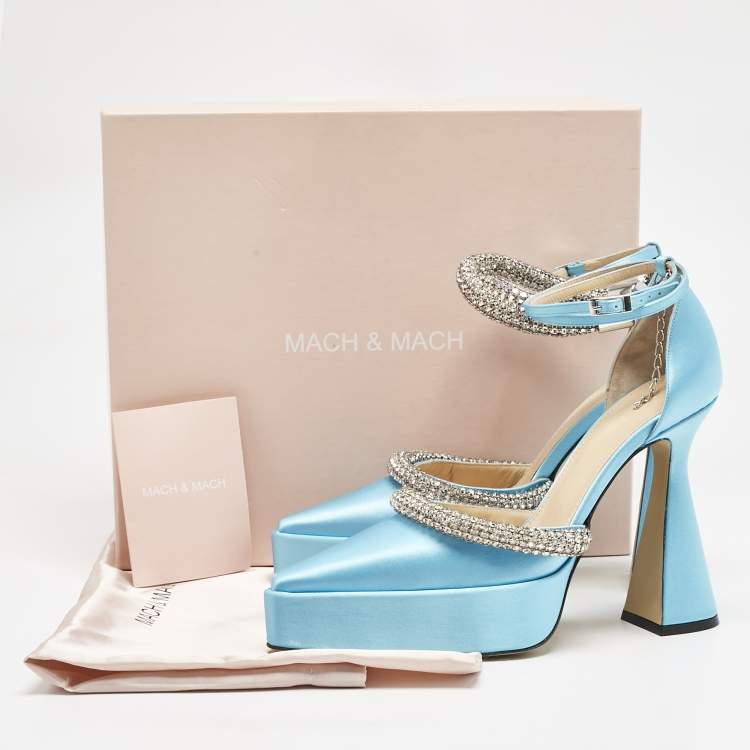 Pre Owned Mach & Mach Blue Satin Crystal Embellished Kimberly Platform Pumps Size 39