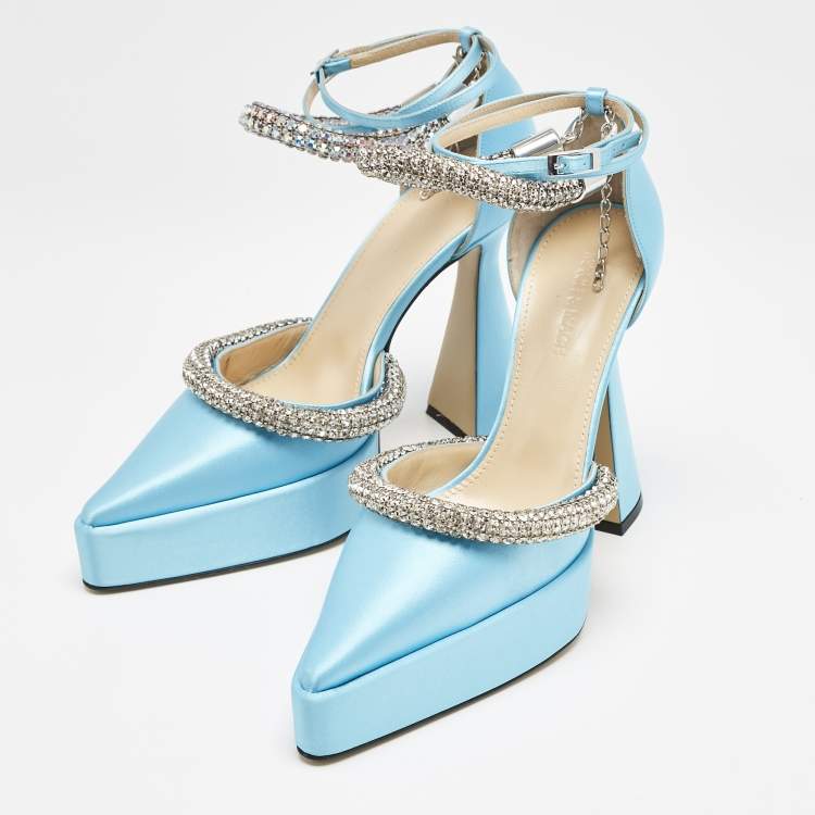 Pre Owned Mach & Mach Blue Satin Crystal Embellished Kimberly Platform Pumps Size 39