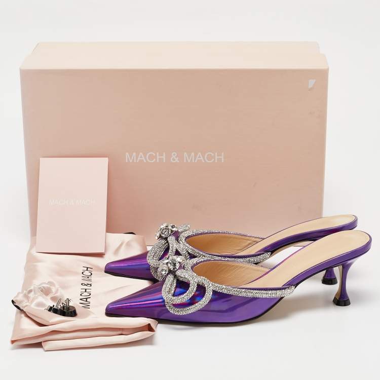 Pre Owned Mach & Mach Purple Iridescent Leather Crystal Embellished Double Bow Mules Size 37
