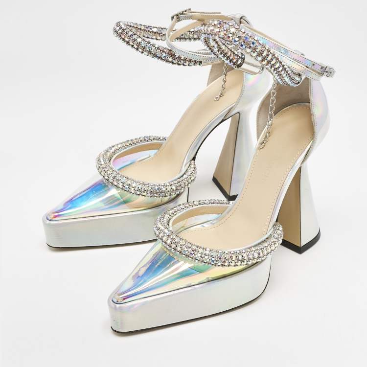 Pre Owned Mach & Mach Silver Iridescent PVC Crystal Embellished Kimberly Platform Pumps Size 36