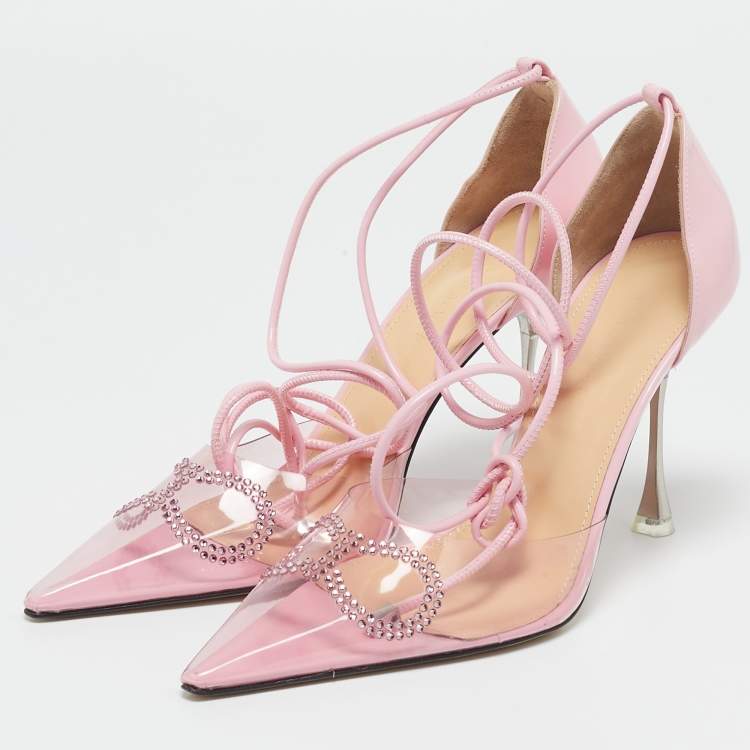 Pre Owned Mach & Mach Pink Leather and PVC Crystal Embellished Bow Ankle Tie Pumps Size 39.5