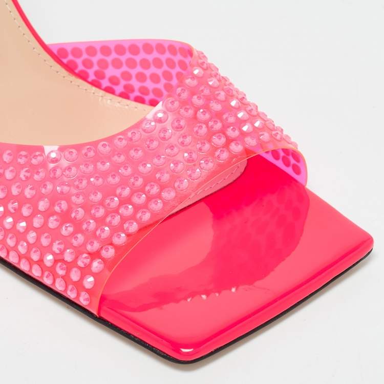Pre Owned Mach & Mach Neon Pink PVC Crystal Embellished Star Slide Sandals Size 40