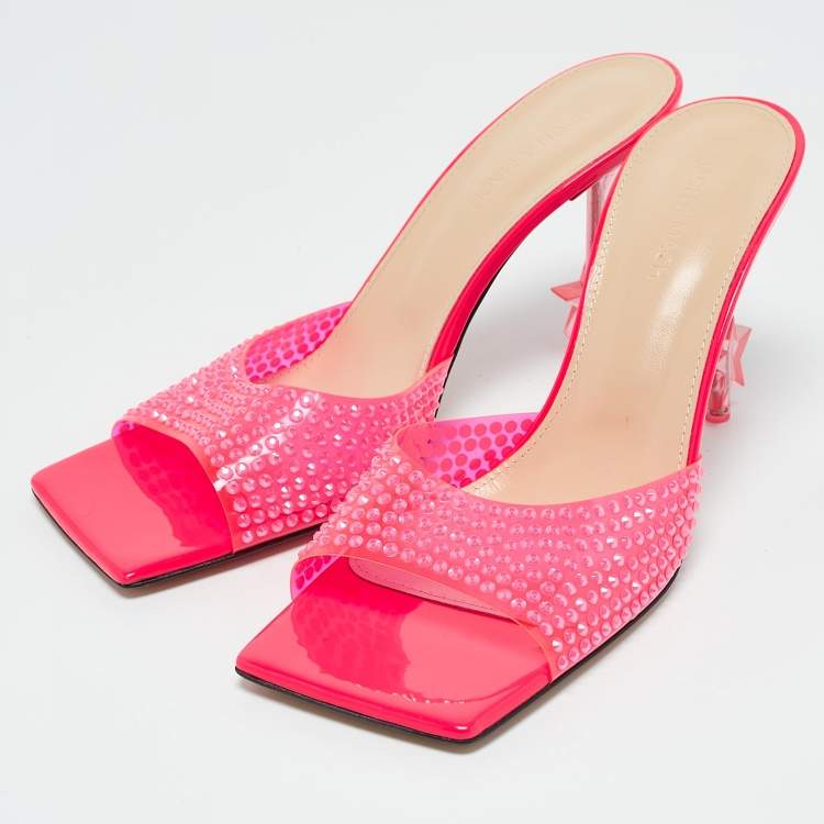 Pre Owned Mach & Mach Neon Pink PVC Crystal Embellished Star Slide Sandals Size 40