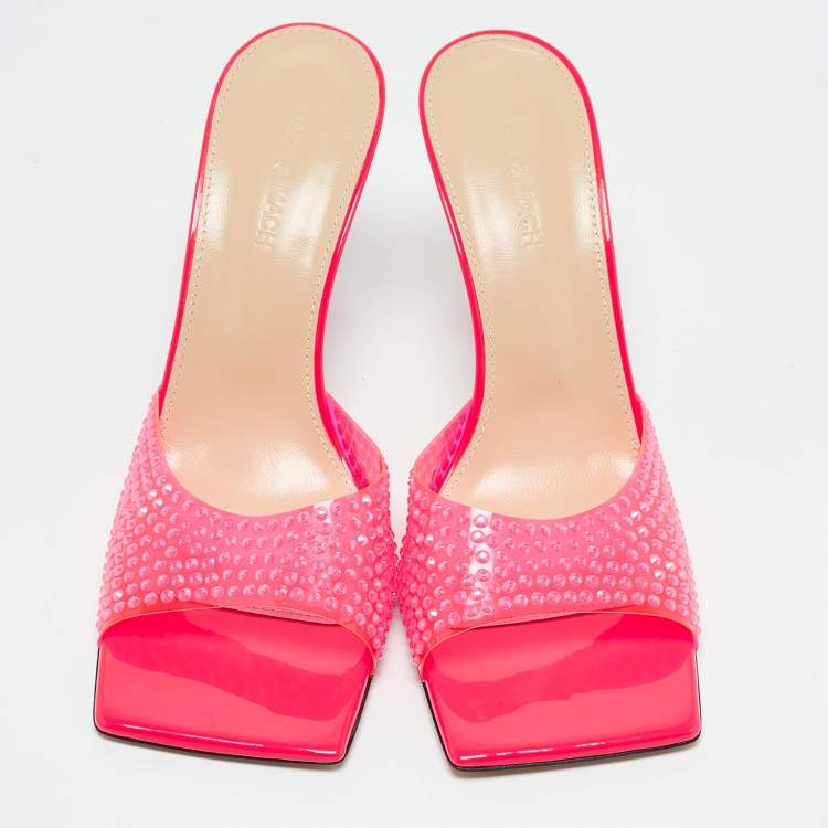 Pre Owned Mach & Mach Neon Pink PVC Crystal Embellished Star Slide Sandals Size 40