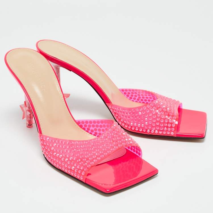 Pre Owned Mach & Mach Neon Pink PVC Crystal Embellished Star Slide Sandals Size 40