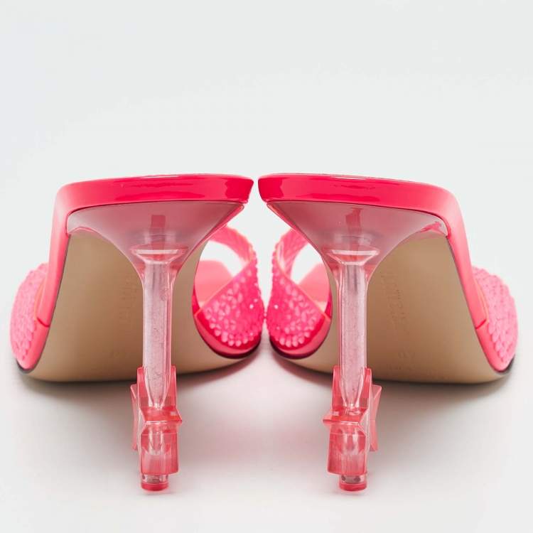 Pre Owned Mach & Mach Neon Pink PVC Crystal Embellished Star Slide Sandals Size 40