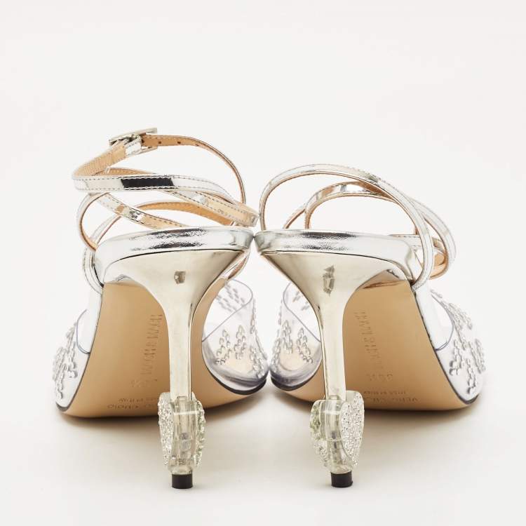 Pre Owned Mach & Mach Transparent PVC Crystal Embellished Hearts Ankle Strap Sandals Size 39.5