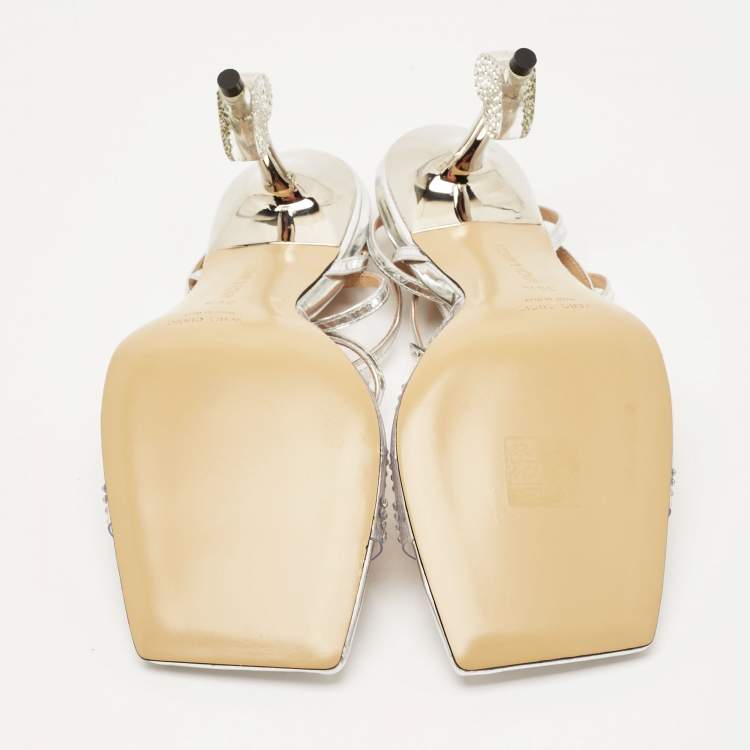 Pre Owned Mach & Mach Transparent PVC Crystal Embellished Hearts Ankle Strap Sandals Size 39.5