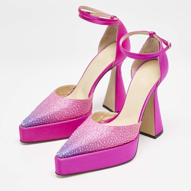 Pre Owned Mach & Mach Pink Satin Galaxy Crystalized Platform Pumps Size 39