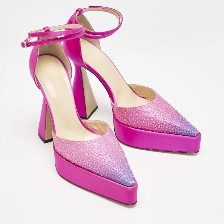 Pre Owned Mach & Mach Pink Satin Galaxy Crystalized Platform Pumps Size 39