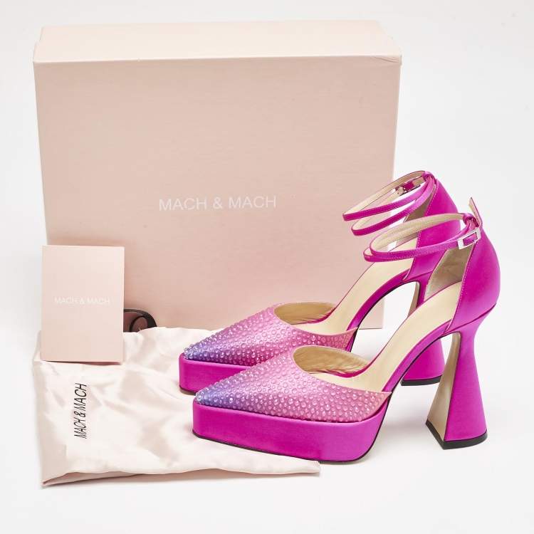 Pre Owned Mach & Mach Pink Satin Galaxy Crystalized Platform Pumps Size 38