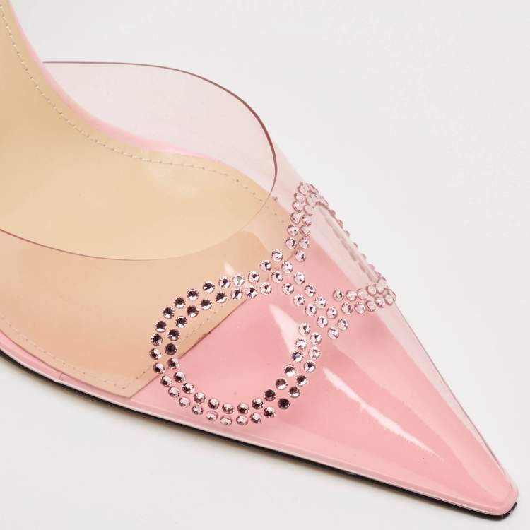 Pre Owned Mach & Mach Pink Leather and PVC Crystal Embellished Bow Ankle Tie Pumps Size 39
