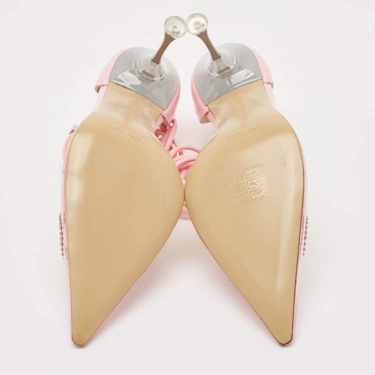 Pre Owned Mach & Mach Pink Leather and PVC Crystal Embellished Bow Ankle Tie Pumps Size 39