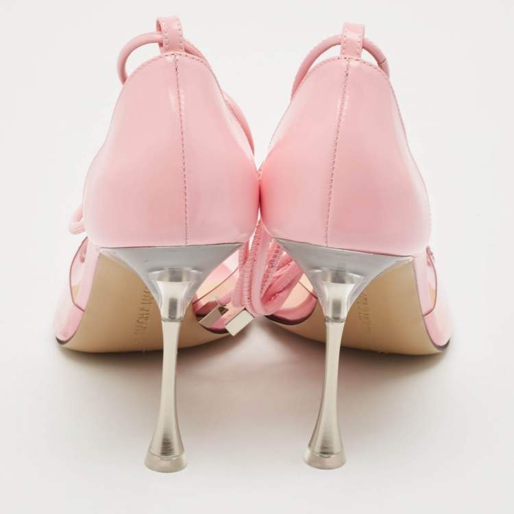 Pre Owned Mach & Mach Pink Leather and PVC Crystal Embellished Bow Ankle Tie Pumps Size 39