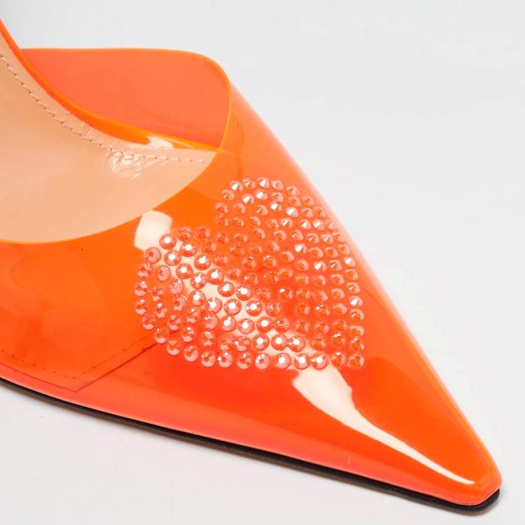 Pre Owned Mach & Mach Neon Orange Leather and PVC Crystal Embellished Heart Ankle Tie Pumps Size 38