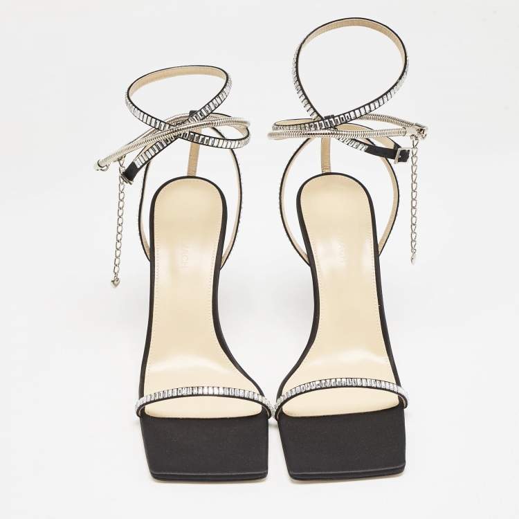 Pre Owned Mach & Mach Black Satin Crystal Embellished Heart Ankle Strap Sandals Size 41