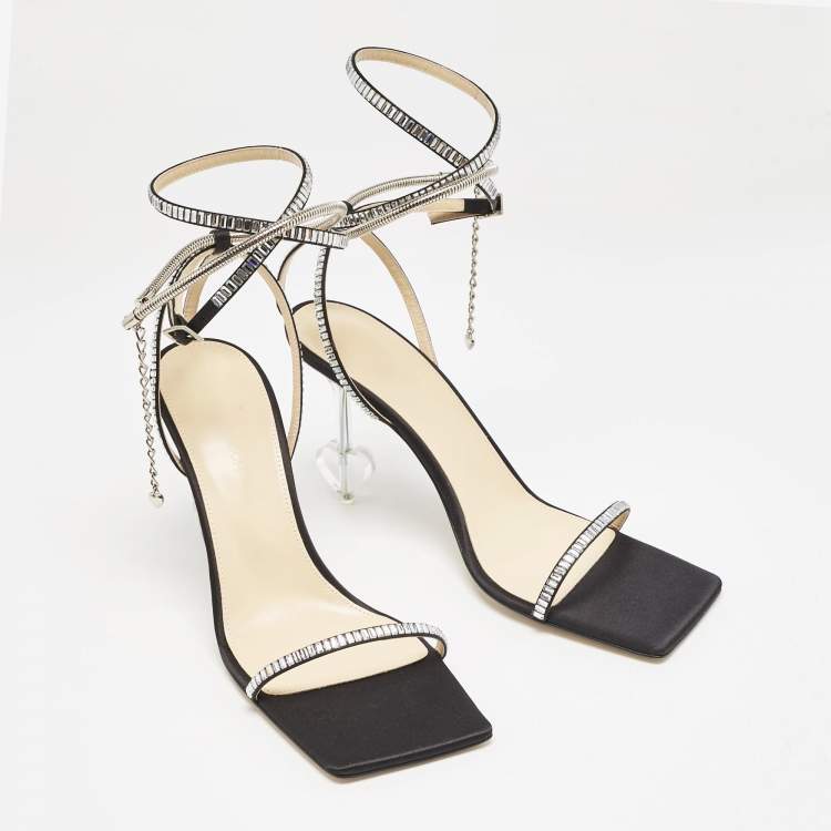 Pre Owned Mach & Mach Black Satin Crystal Embellished Heart Ankle Strap Sandals Size 41