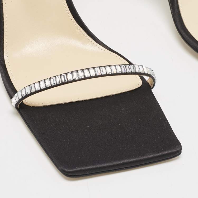 Pre Owned Mach & Mach Black Satin Crystal Embellished Heart Ankle Strap Sandals Size 41
