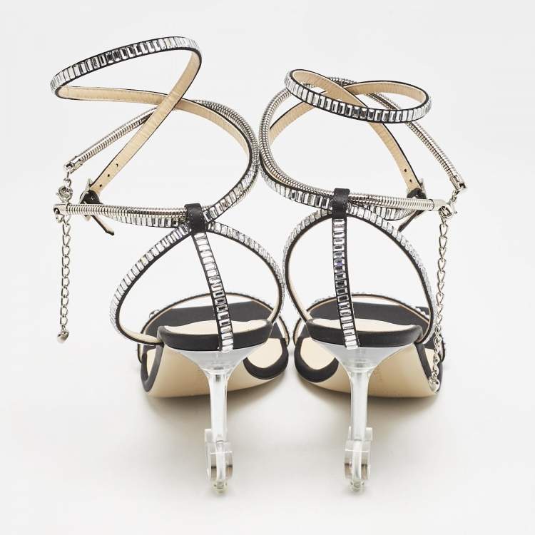 Pre Owned Mach & Mach Black Satin Crystal Embellished Heart Ankle Strap Sandals Size 41