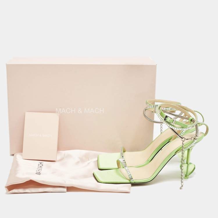 Pre Owned Mach & Mach Green Satin Crystal Embellished Ankle Strap Sandals Size 37.5