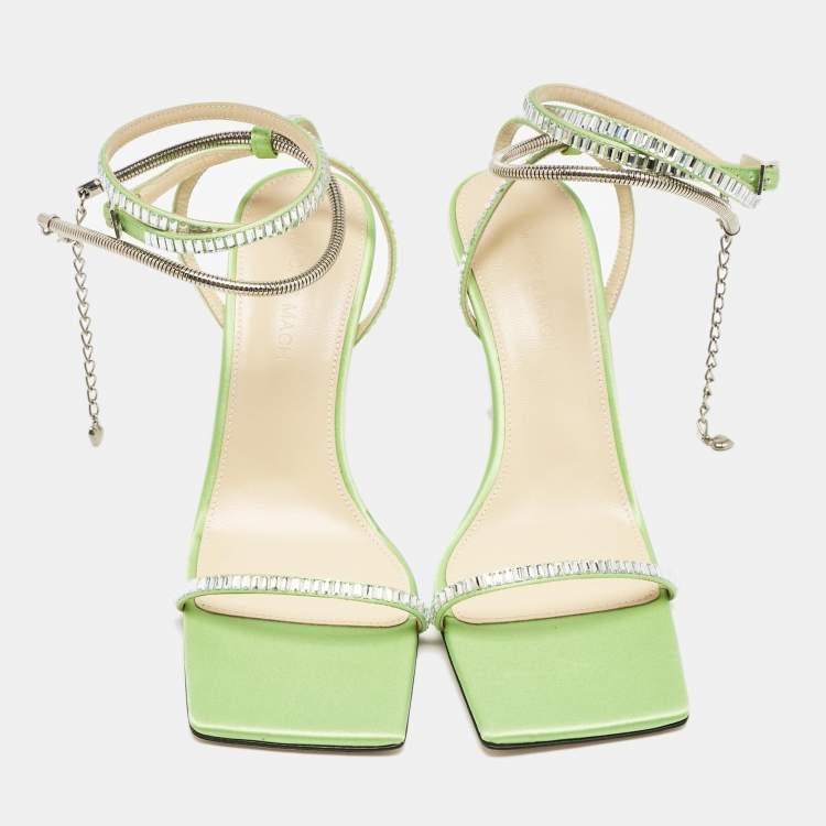 Pre Owned Mach & Mach Green Satin Crystal Embellished Ankle Strap Sandals Size 37.5