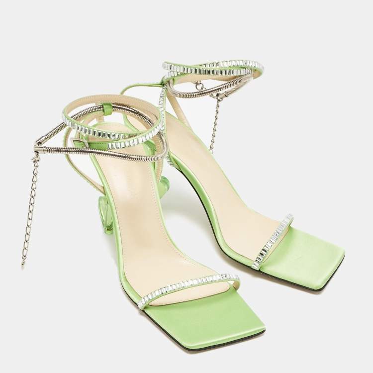 Pre Owned Mach & Mach Green Satin Crystal Embellished Ankle Strap Sandals Size 37.5
