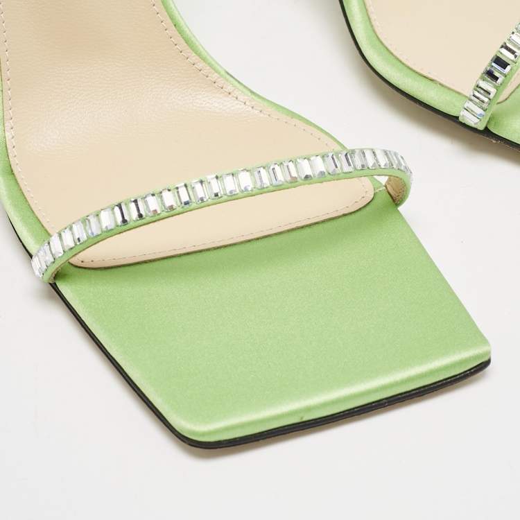 Pre Owned Mach & Mach Green Satin Crystal Embellished Ankle Strap Sandals Size 37.5