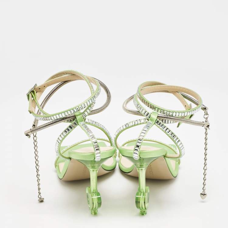 Pre Owned Mach & Mach Green Satin Crystal Embellished Ankle Strap Sandals Size 37.5